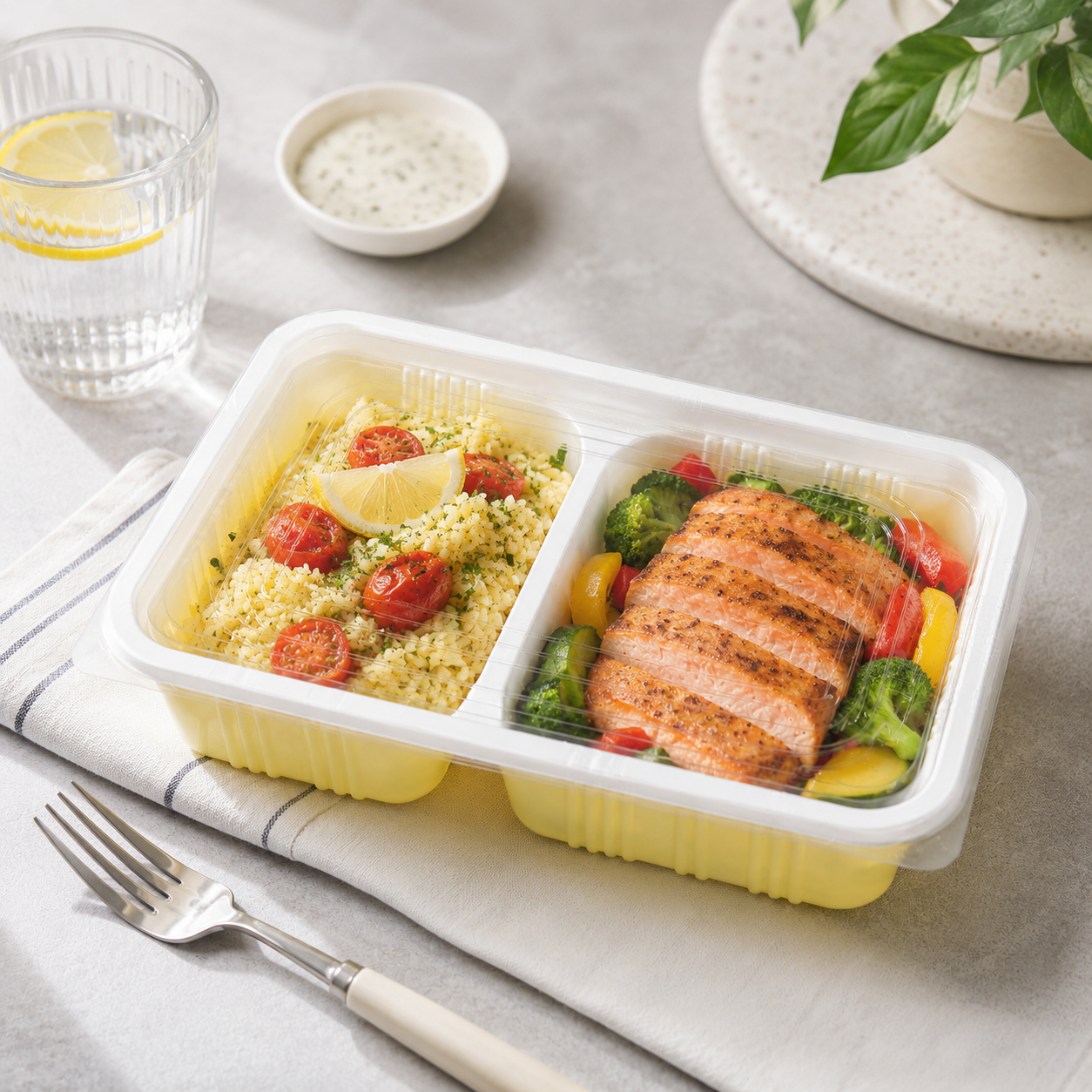 Clear Lid Two Section PP Meal Tray Yellow for Bento Takeout