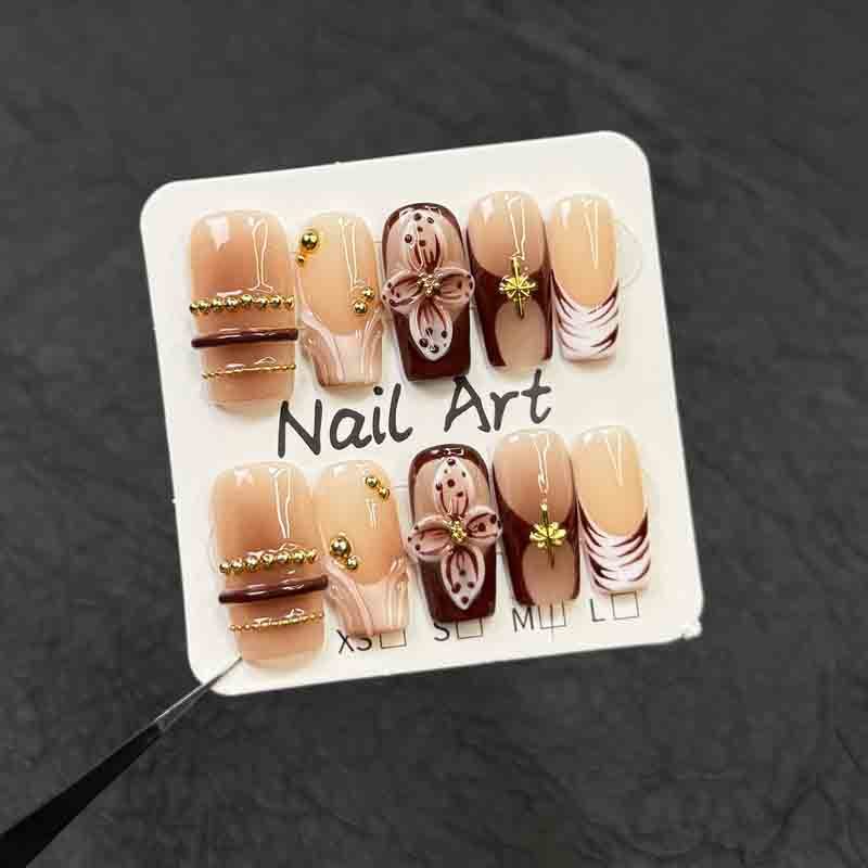Handmade Press On Nails Wholesale Long Square Coffee Gradient Flower Zebra Fake Nails