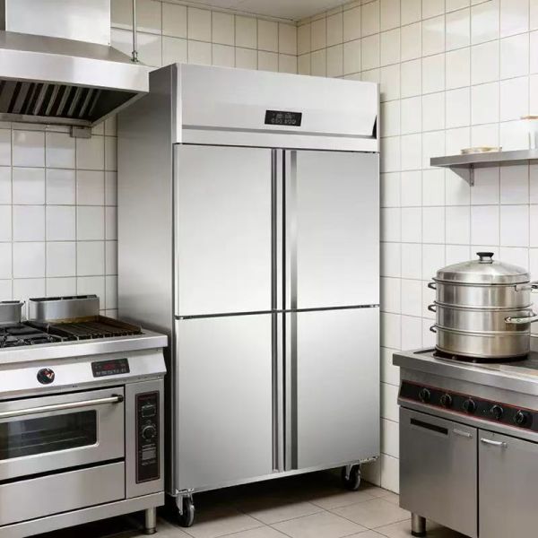 Commercial four-door refrigerator, vertical stainless steel, dual temperature, large capacity freezer