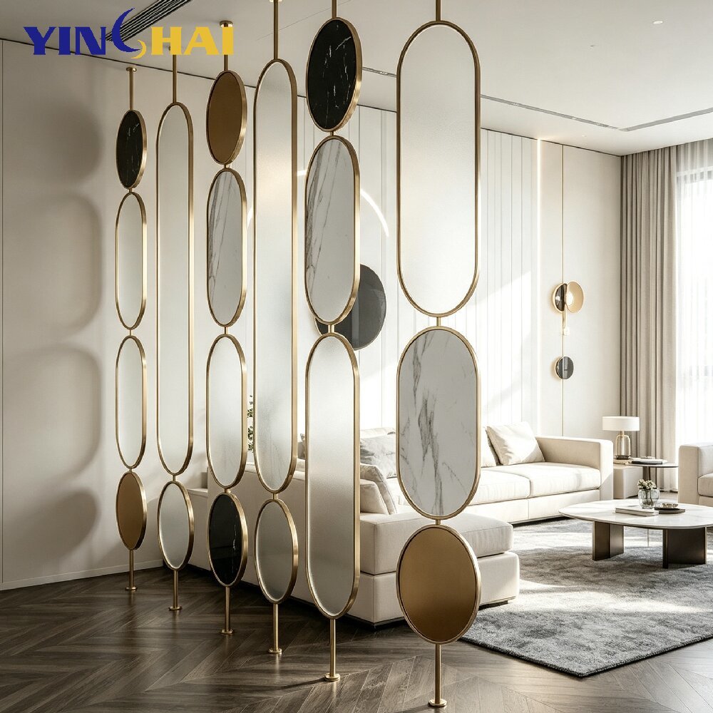 Custom Stainless Steel Golden Frame Oval Frosted Glass Marble Slice Partition