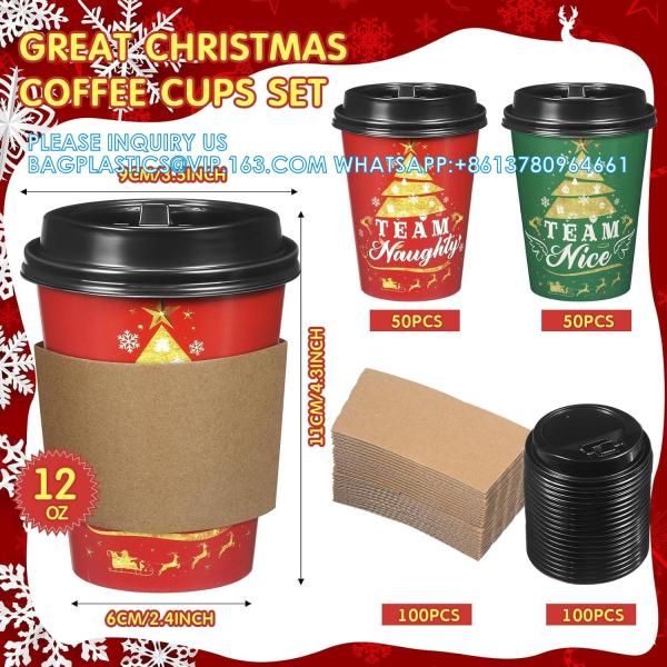 Christmas Paper Coffee Cup Sleeves, Disposable Corrugated Cardboard Paper Jacket Fit 12oz, 16oz, 20oz, 24oz