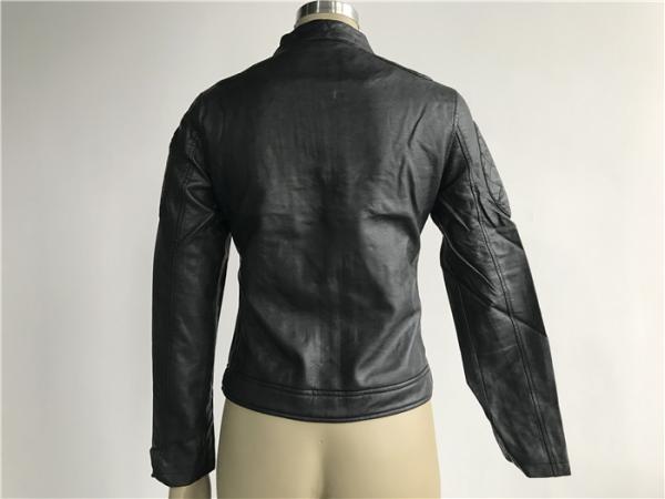 Female Black Polyurethane Leather Biker Jacket With Polished Silver Zip LEDO1731