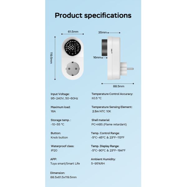 Smart Dual-Mode 16A 100-240V Temperature Controller Alexa/WiFi Connectivity LED Knob Temp Alarm for Power Socket Plug