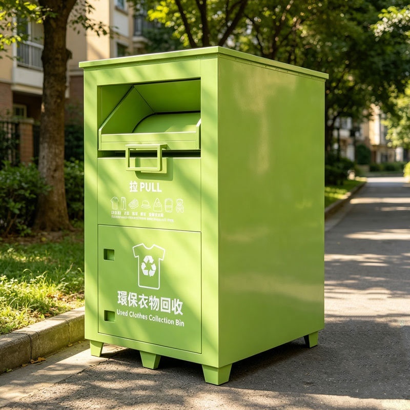 Eco-friendly Powder Coated Galvanized Sheet Metal Donation Bin, Outdoor Weatherproof Textile Shoes Hats Collection Cabinet