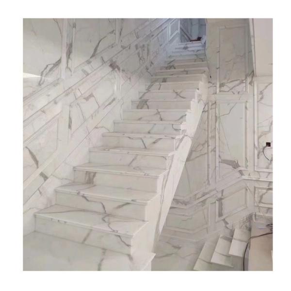 Polished Finish White Marble Stairs with Glass Railing from Italy ODM OEM Offered