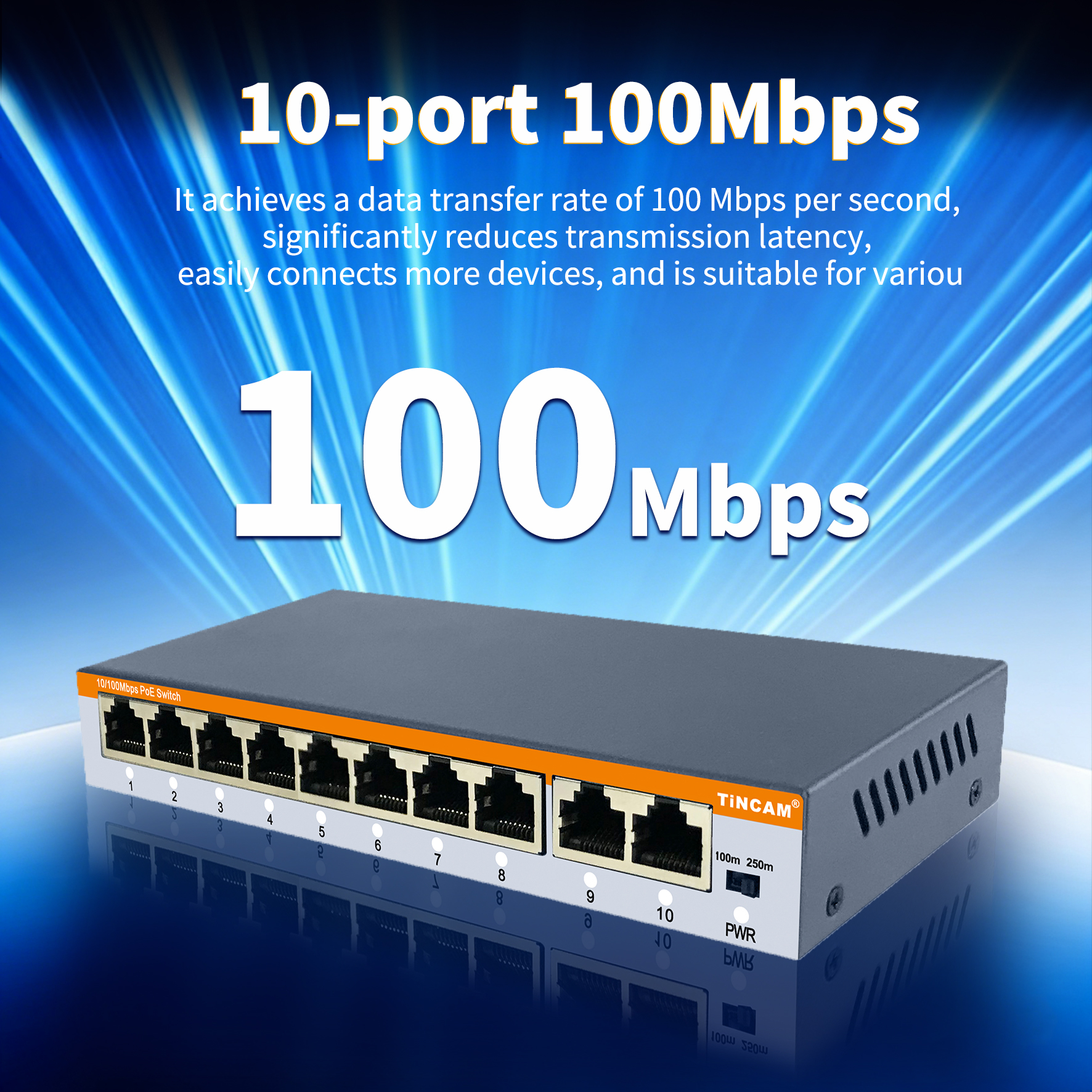 8-Port 10/100Mbps PoE Switch with 2 Uplink Ports 250m Extend VLAN IEEE 802.3af/at 96W Built-in Power Supply Unmanaged Metal Network Switch TBC-PS4310E
