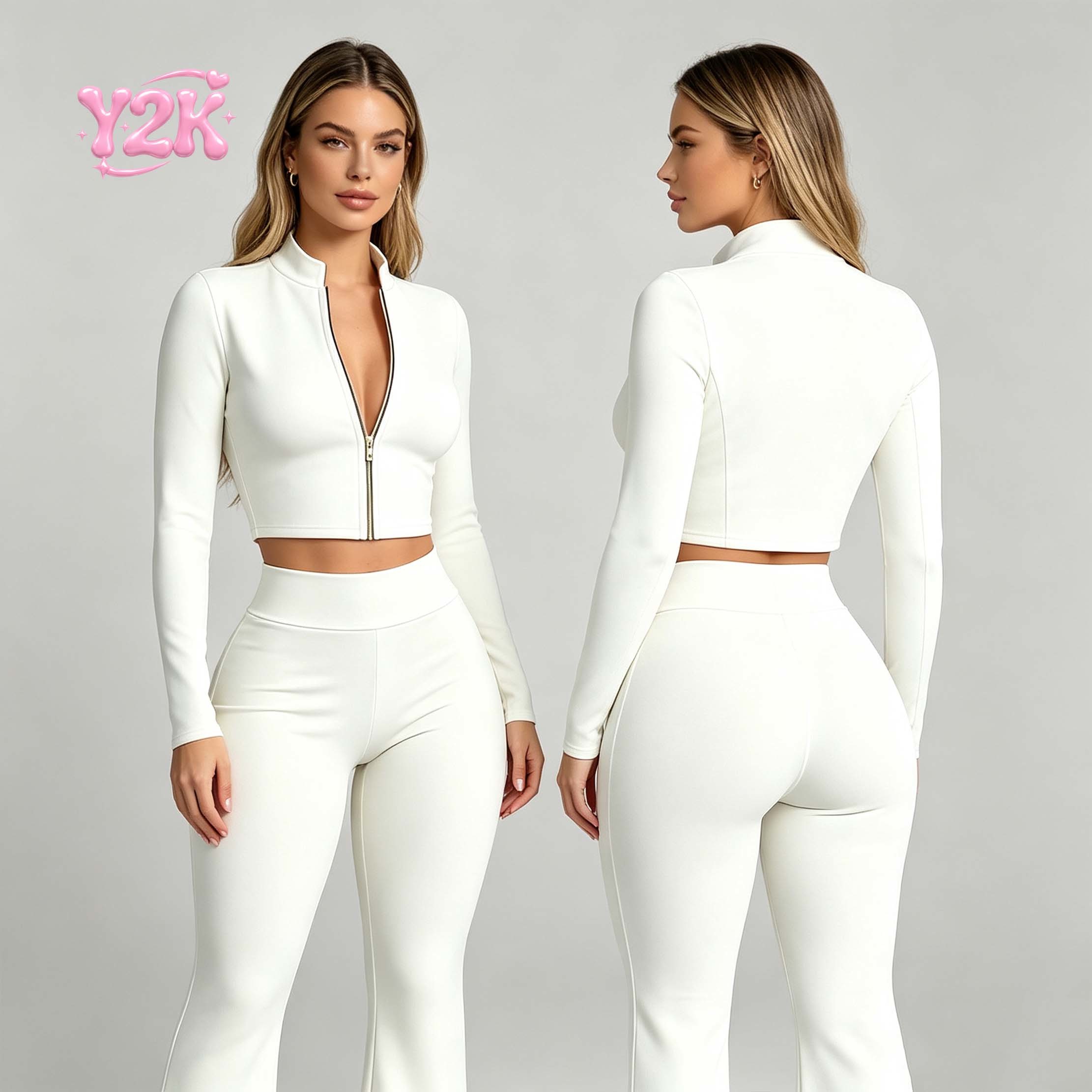 Custom Women Yoga Set Zip Front Crop Jacket Flared Pants High Waist Yoga Leggings Fitness Gym Wear Sports Yoga Outfit Stretch Activewear OEM ODM Factory