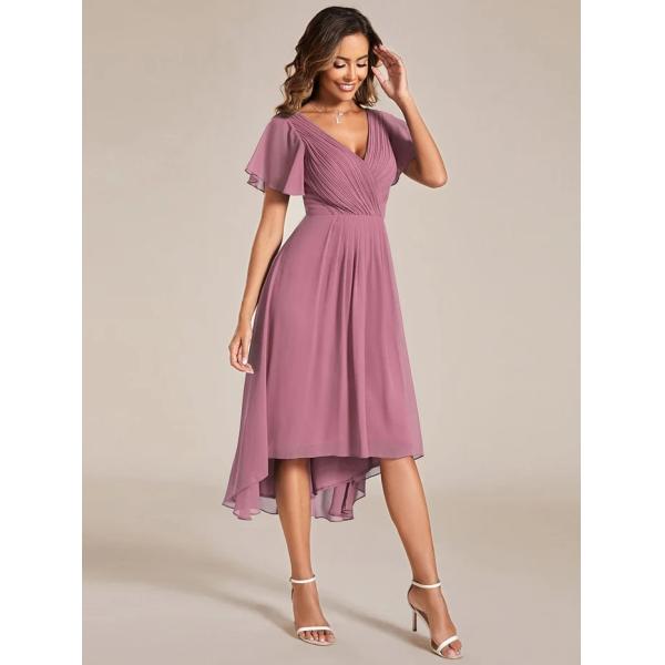 Chic V-neck High-low Short Flutter Sleeves A-line Ruffles Midi Invisible Zipper Purple Orchid Chiffon Cocktail Dress