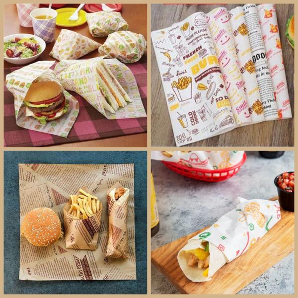 Greaseproof Burger Sandwich Food Wrapping Paper Printable For Fast Food Устойчивая к жиру бутербродная бутербродная бутылка для упаковки пищи для быстрого питания