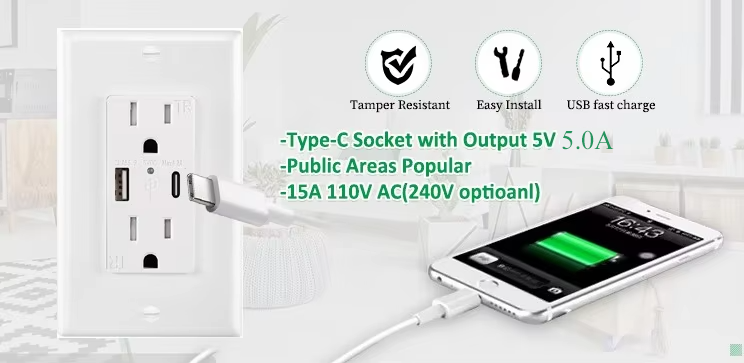 15A USB Wall Outlet with 5.0A Fast Charging, Tamper Resistant Design and IntelliChip Technology