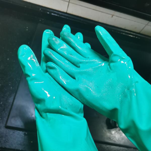 18 Mil Green Nitrile Glove Oil Resistance Flocked Lining Chemical Nitrile Glove
