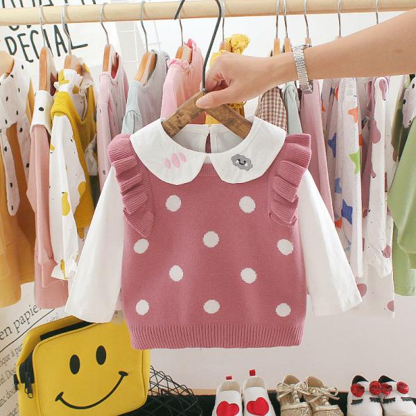 Spring 39in Girls Casual Full Sleeve Shirts Children'S Sweater Vest With Two Piece Top