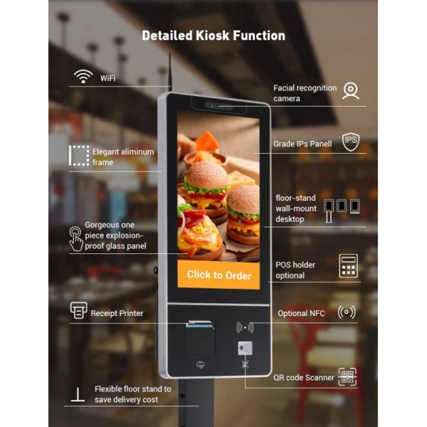 10-Point Capacitive Touch Screen Self Ordering Kiosk with 1920x1080 Resolution and Wall Mount