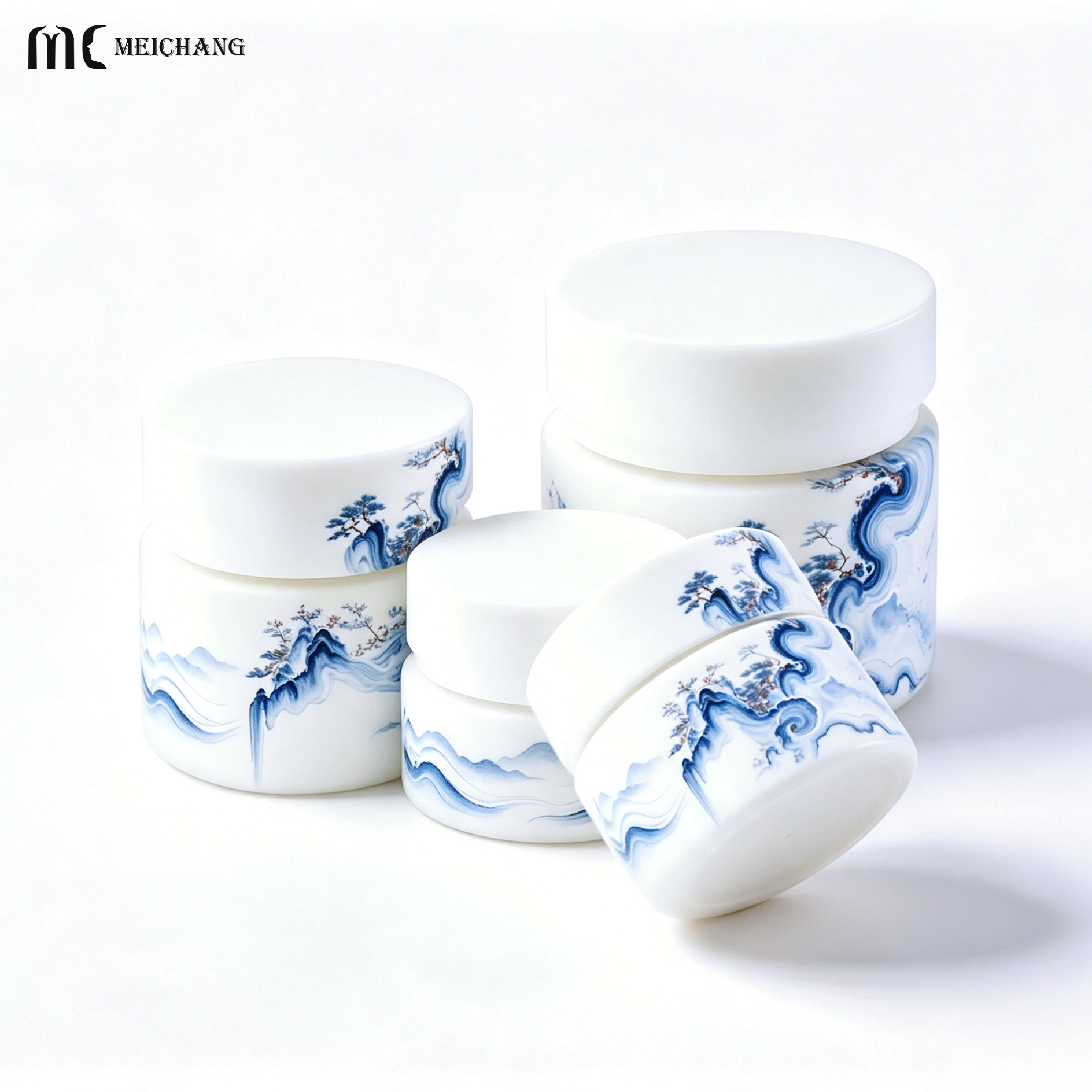 Blue & White Oriental Design Light-Blocking Glass Skincare Bottle with UV Protection Coating and Customizable Decoration