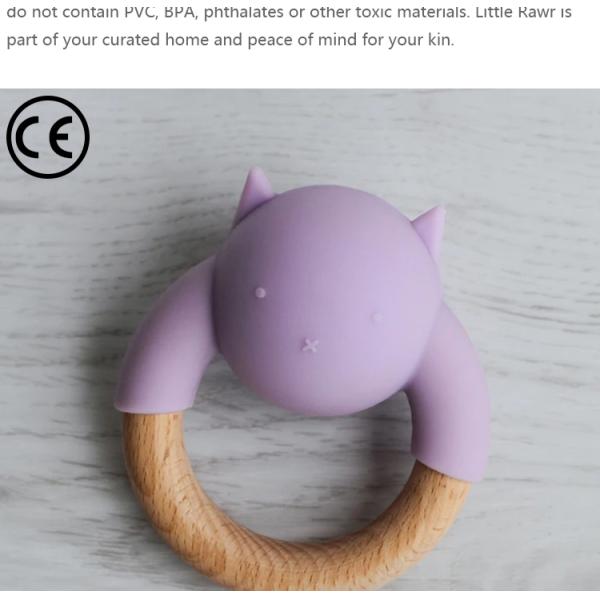 FDA Silicone Baby Wooden Teething Ring Rattle Ball Wooden Animal Teether