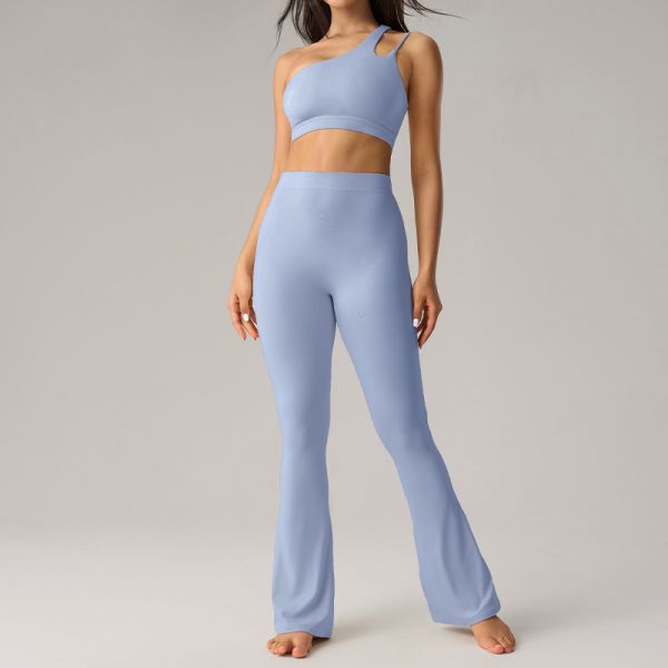 Cream Women's Asymmetric One Shoulder Sports Bra Flared Leggings Set High Waisted