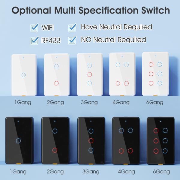 Tuya Smart WiFi 6 Gang Light Switch  No Neutral Wire, Timing, Voice Control, RF433, Alexa & Google Home Compatible