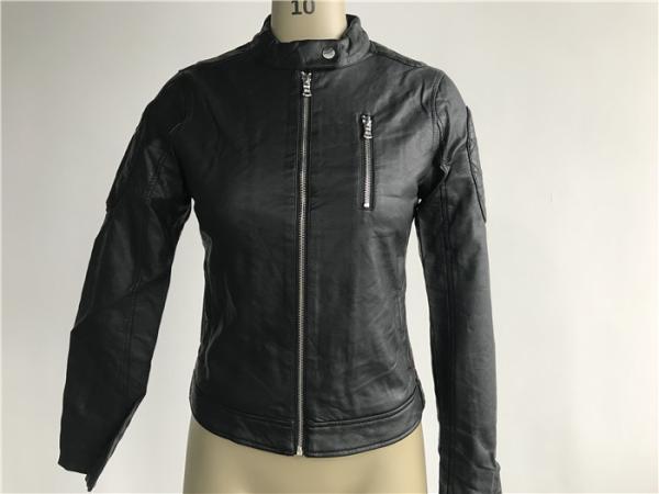 Female Black Polyurethane Leather Biker Jacket With Polished Silver Zip LEDO1731