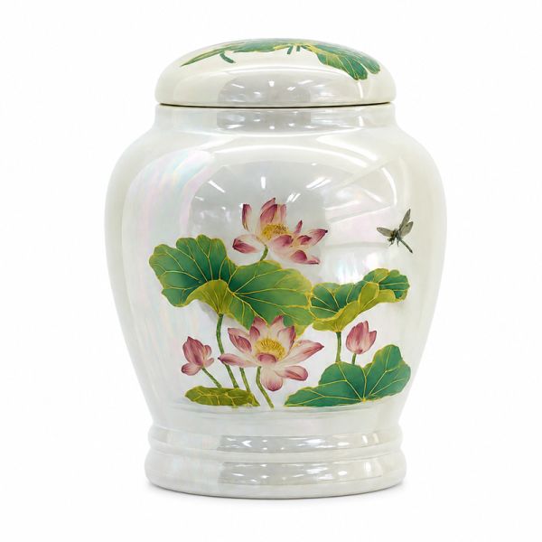 White Ceramic Funeral Urn with Lotus Design