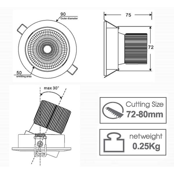 UL SAA 6W 9W 50W Fire Rated Square Rectangular Adjustable Dimmable LED Downlight