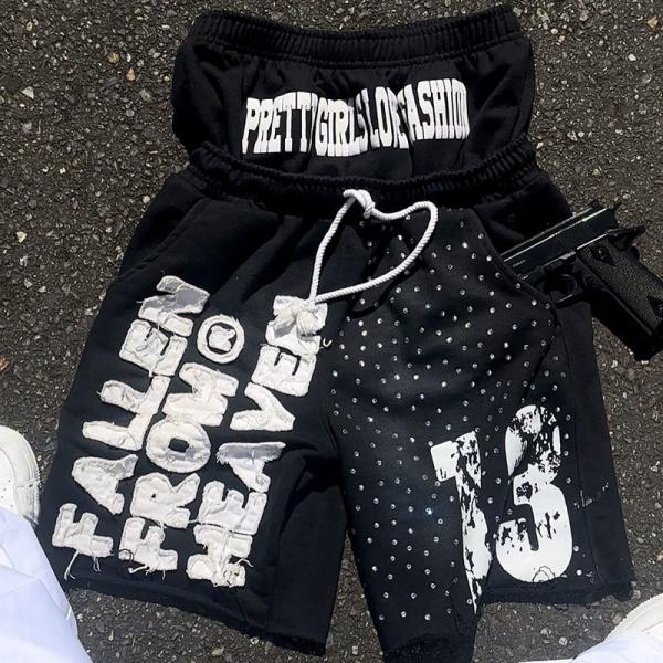 Shorts sur mesure en strass double taille appliqué brodé patch pantalon de rue stressé pantalon de survêtement pour hommes