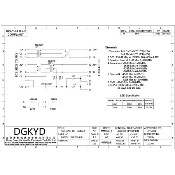 DGKYD111B461FB1A1D Tab Down 1x1 Port 1000 Base-T Ethernet Rj45 Lan Connector