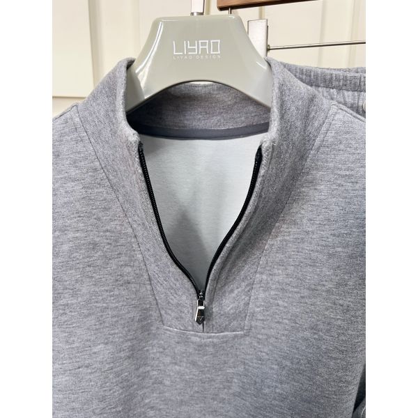 Minimalist Grey Heather Tracksuit Men Quarter Zip Mock Neck Pullover Sweatpants Set Quiet Luxury Cozy Athleisure Outfit Custom