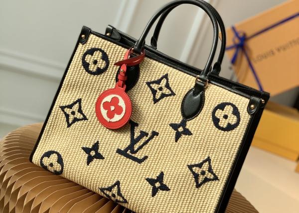 M57723 Monogram Raffia Woven And Monogram Giant Embroider LV Letters Tote Handbag