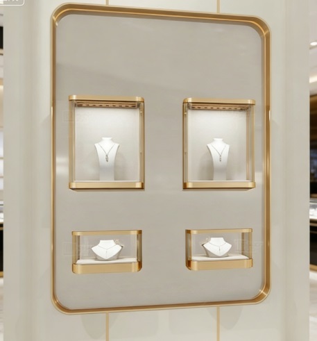 Luxury Wall Mounted MDF Jewelry Display Cabinet with LED Lighting 2-Tier Necklace & Pendant Showcase for Jewelry Store Showroom