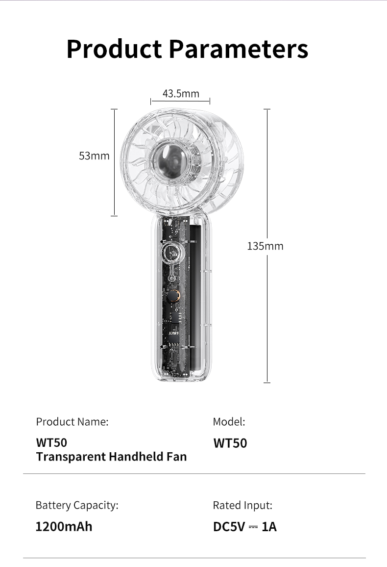 Customized USB Type-C Handheld Fan Transparent Crystal Convenient Mini Plastic Fan Three Wind Battery for Home Car Use Wholesale