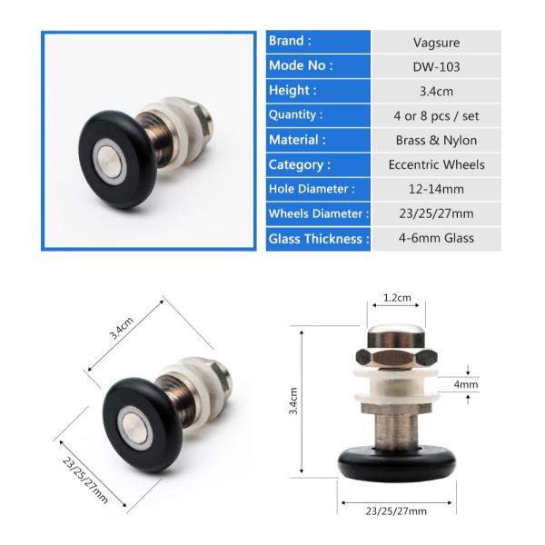 23 / 25 / 27mm Diameter Shower Door Parts Rollers , Shower Screen Rollers Black / White Color