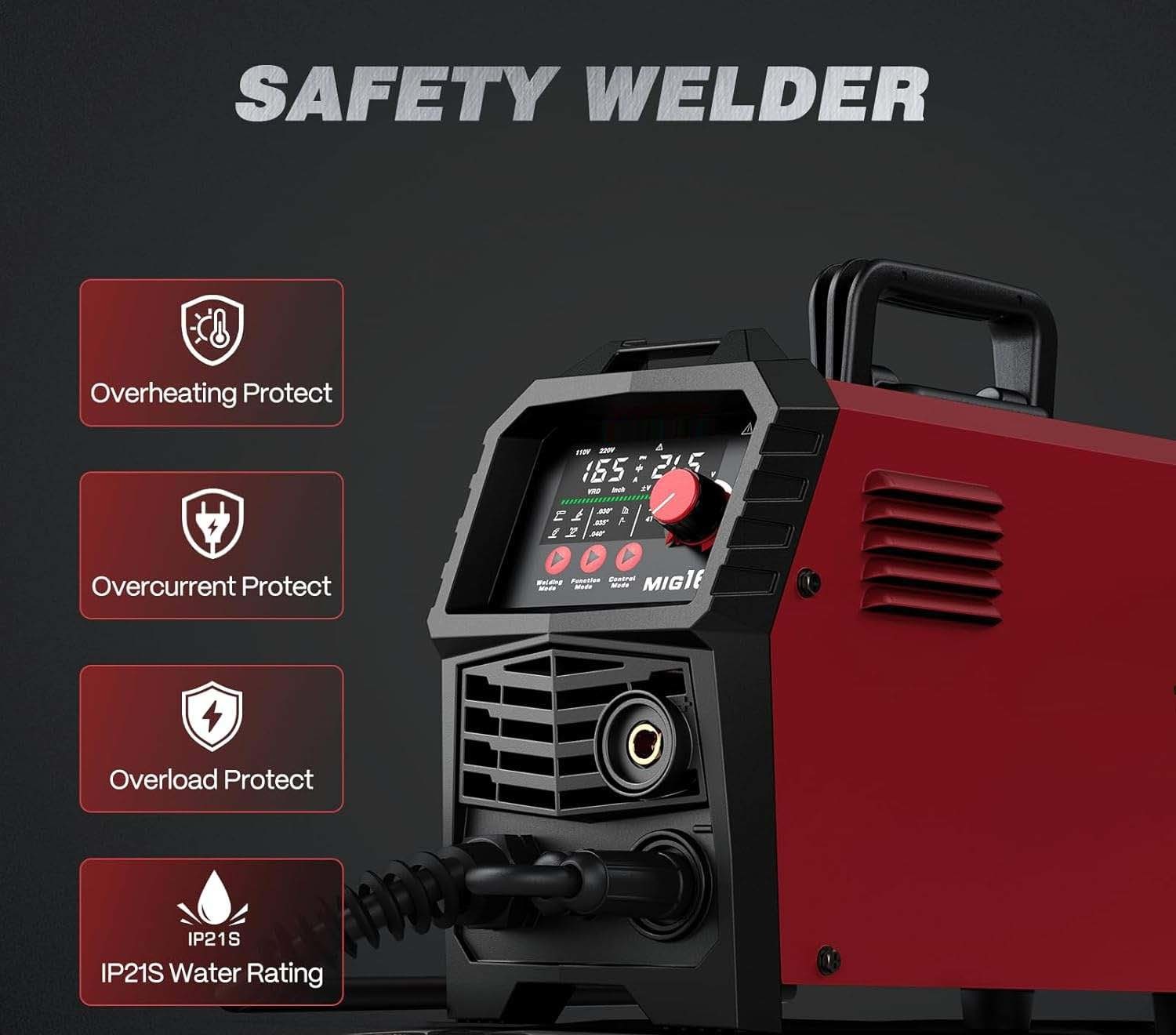 GENWELD 165A 110V/220V MIG/Lift TIG/Stick Welder with Large LED Display, Gas/Gasless Welding Options, IGBT Inverter, Made in China