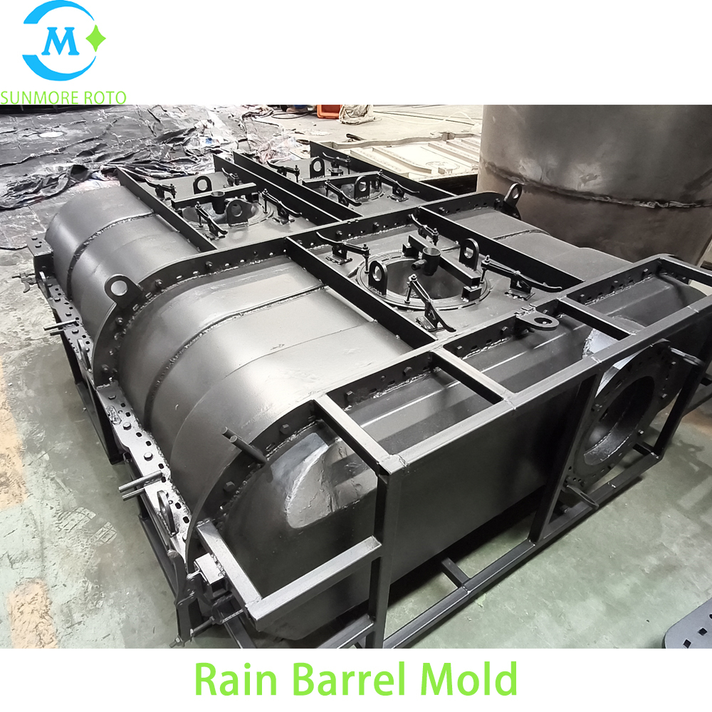 SUNMORE ROTO OEM Drawing Custom Cast Steel Rain Barrel Rotomolding Mould, Hollow Plastic Rainwater Collection Tank Rotational Mold With Integral Lifting Frame & Surrounding Quick Clamps