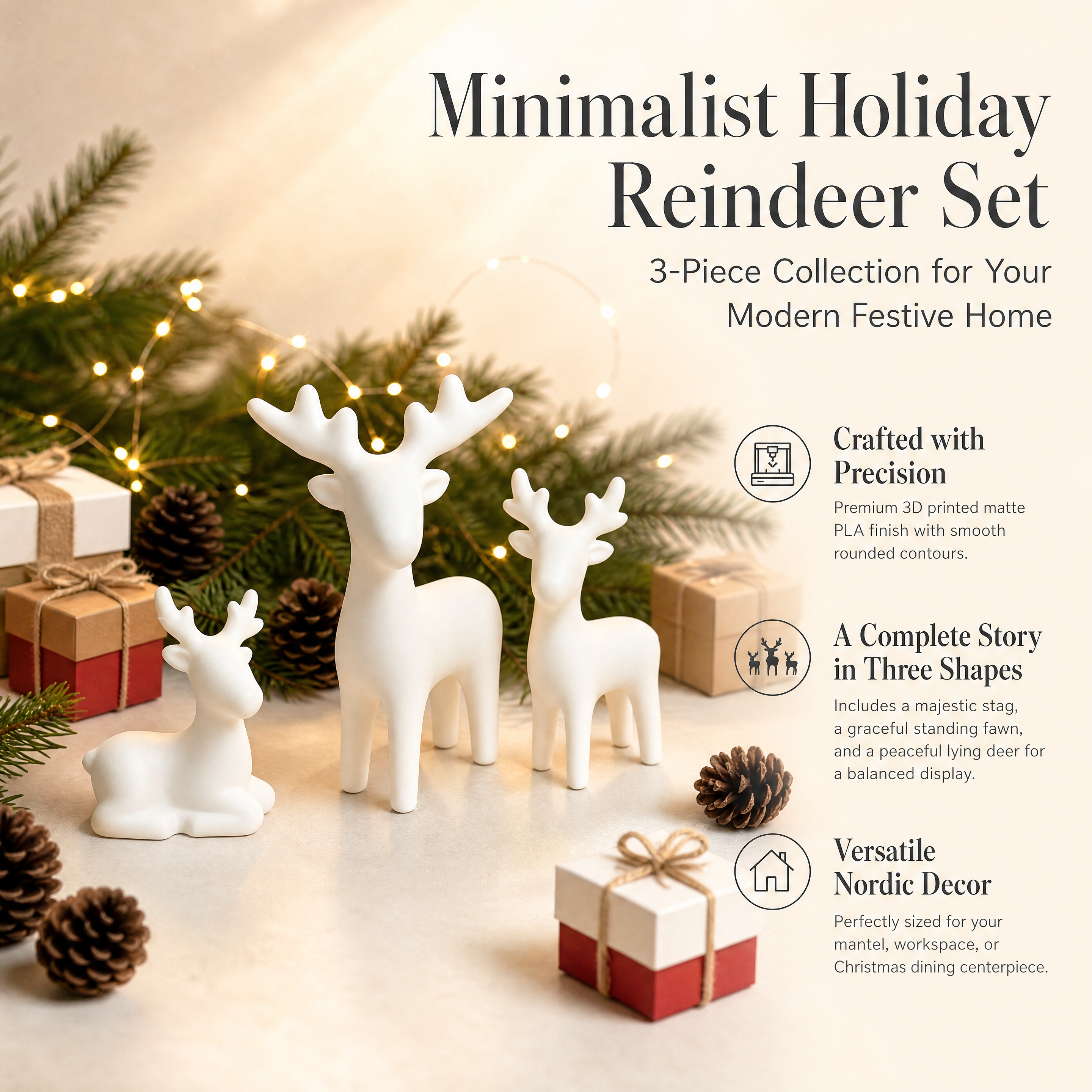 3 Pcs 3d Printable Christmas Ornaments Small Matte Deer Statue Decor For Desktop