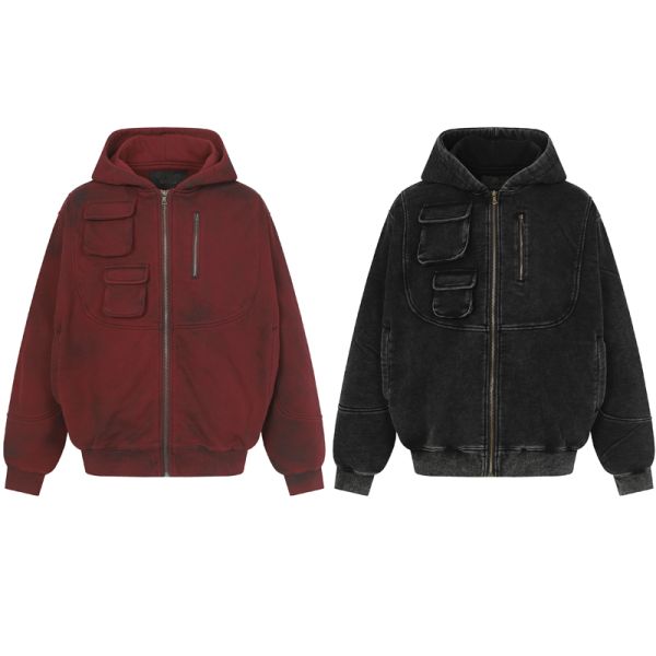 Winter Knitted Red/Burgundy/Black Vintage Washed Unisex Oversized Zipper-Up Hoodie with 3D Pattern Pocket-Windproof Breathable