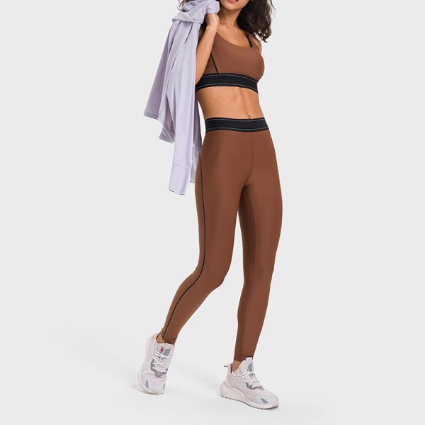 Women's High Waisted Long Yoga Pants Stretch Polyester Spandex Tights Slim Brown