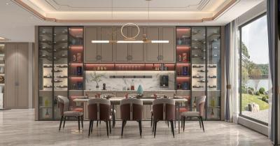 Wood Grain Stainless Steel Wine Cabinet With Red Back Panel And Built-In Lights