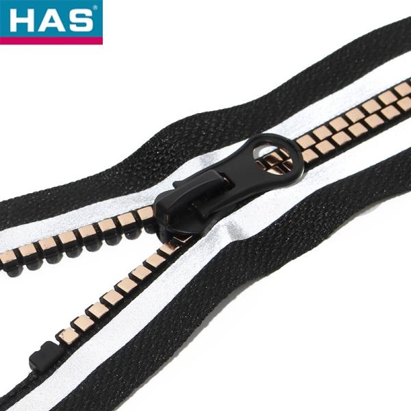 Reflective Two-Color Square Rubber Teeth Resin Pull-Tab Closed-End Zipper Plastic Puller Sample