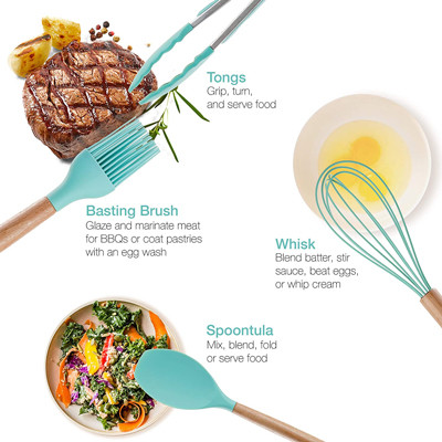 Утвари зеленой кухни силикона варя установили с деревянными бамбуковыми ручками