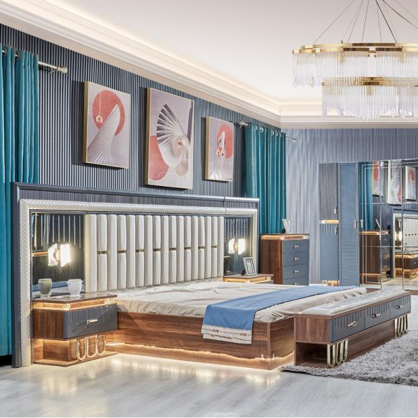 High Quality Modern Wooden King Size Double Bed Set Leather Headboard Wood Luxury Home Furniture Bedroom Sets