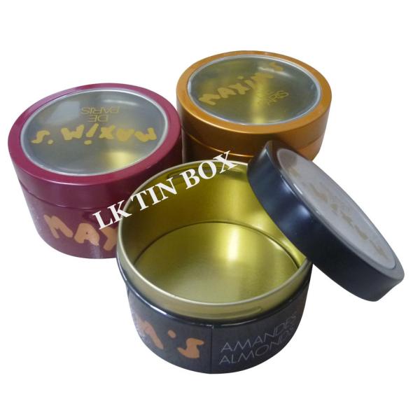 Grande caixa redonda superior da lata do metal com a cópia dobro dos lados para o empacotamento do presente