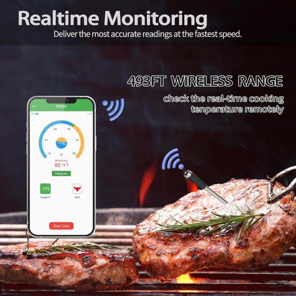Long distance 150m Remote Smart Bbq  Thermometer Instant Read Digital Bluetooth 5.0 Wireless Meat Thermometer 10 Modes  Meat Thermometer