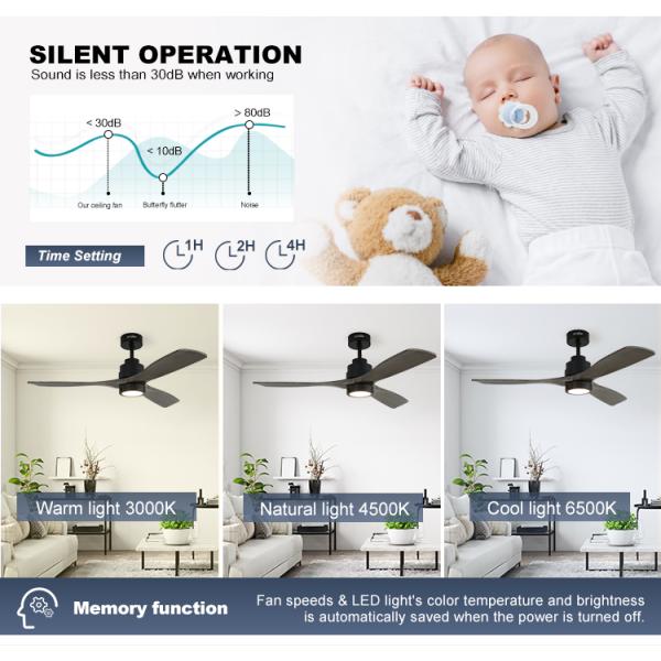 Controle remoto inteligente lâmina de madeira ventoinha de teto luz com 6 velocidades e DC motor de cobre