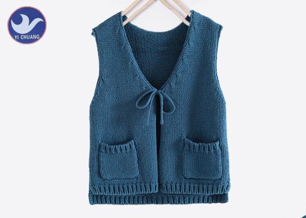 V Neck Sleeveless Girls Cardigan Sweaters Two Pockets Bandage Closure Computer Knitted