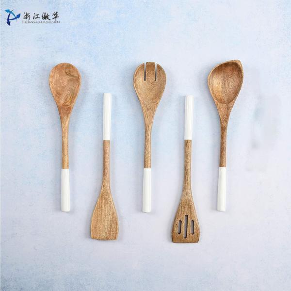 5-Piece Acacia Wood Kitchen Cooking Set Spoon Spatula Fork Slotted Turner Corner Spoon