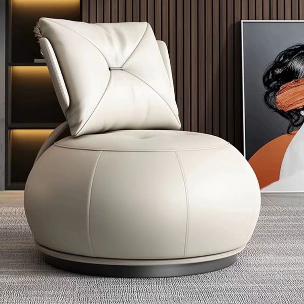 Leather Wood and Metal Modern Round Lounge Swivel Chair Contemporary Single Sofa Chair Living Room Leisure Furniture