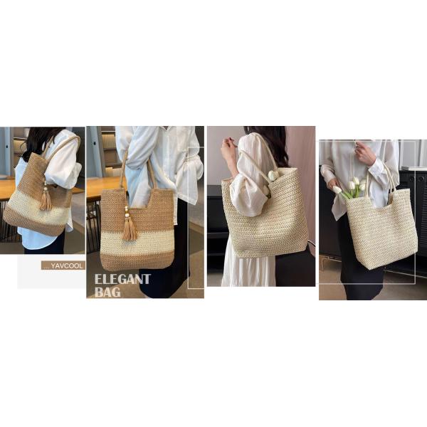 Hot Sale Women Hollow Out Crochet Knit Summer Handbags Straw Woven Portable Raffia Beach Holiday Tote Bag Raffia Paper Rope Crochet Straw Bag for Seaside Vacation Trips Shopping and Shopping