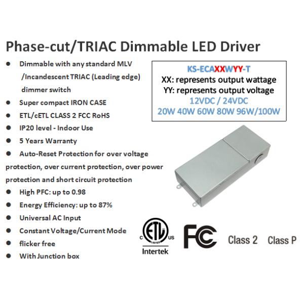 Single Phase Output Type 40w Triac IC ETL CE ROHS Certified 12v/24v Dimmable LED Tape Driver 0.95 Power Factor 3.33A