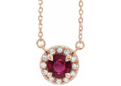 14K Gold Natural Ruby Pendant Necklace Round Cut With 0.6ct 5mm Halo Stones
