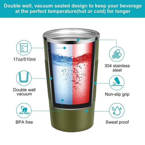 Portable 12 Oz 17 Oz Eco Friendly 304 Stainless Steel Coffee Travel Mug Vacuum Insulated Mug For Any Hot Or Iced Beverage BPA Free Food Grade Leak Proof Design